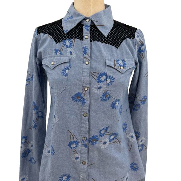 One Teaspoon Wild‎ Saloon Chambray Shirt Top Button Down Floral Blue Size XS - Picture 4 of 15